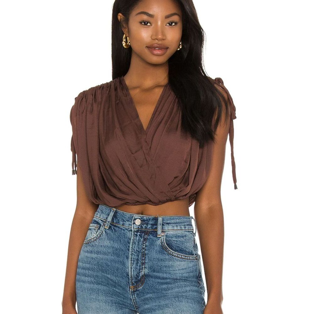Free People, Rachel Silky Top Scorpio Brown, L Cropped Surplice Backless Shirt